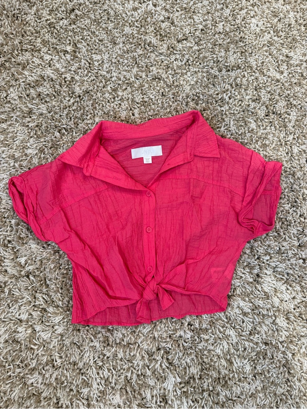 Zara Hot Pink Short Sleeve Tie-Front Button Shirt
